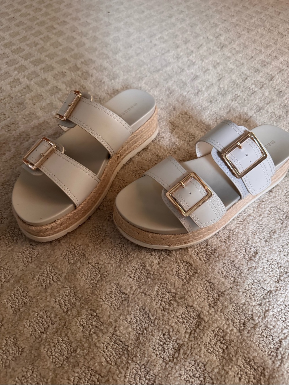 Madden Girl Cream Double-Strap Espadrille Platform Sandals with Gold Buckles